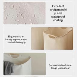 1 stuk - Wasmand - Katoen en linnen - Wasmand voor huishoudelijk gebruik - Handig - Opvouwbaar - Handzame opbergmand - Houten handvat - 30*30*40 cm - Gebroken wit — thumbnail 3