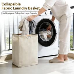Wasmand- katoenen linnen opbergmand met houten handgrepen - opvouwbare stoffen organizer voor slaapkamer - badkamer en huisorganisatie - beige - 40*30*50 cm — thumbnail 5