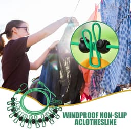 Reiswaslijn - Kleding droger - Kleding drogen - Winddichte clips - Tot 3.7 meter - Groen — thumbnail 3