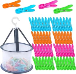 Vierkleurige wasknijpers met ritssluiting en opbergmand, multifunctioneel voor huishouden en reizen, ideaal voor handdoeken en kleding. — thumbnail 1
