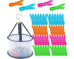 Vierkleurige wasknijpers met ritssluiting en opbergmand, multifunctioneel voor huishouden en reizen, ideaal voor handdoeken en kleding.