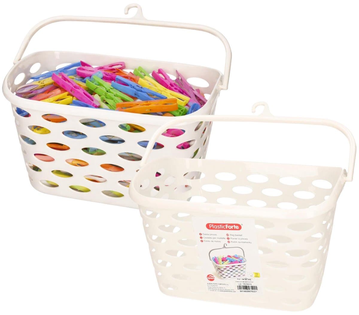 Plasticforte Wasknijpers ophang mandje aan haak - 2x - 26 x 15 x 21 cm - creme wit - kunststof — afbeelding 1