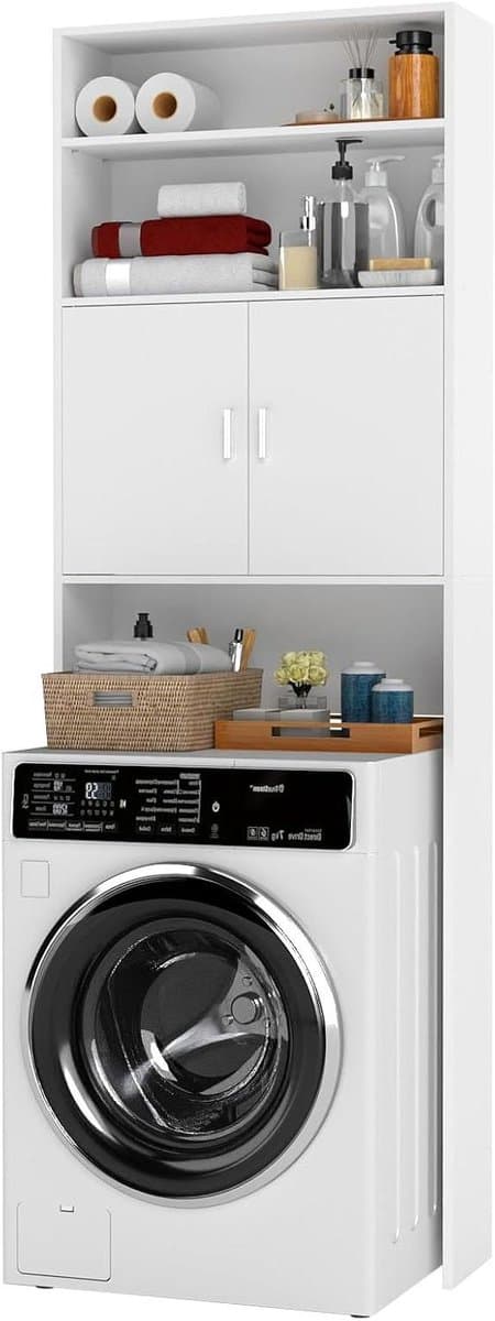 Wasmachine Kast - Badkamerkast Opbergkast - Ruimte Besparen - Met Deuren Planken - 185 x 63 cm - Wit — afbeelding 1