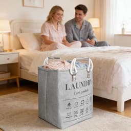 Wasmand - 48L opbergorganizer, stoffen mand met handgrepen, opvouwbare kledingcontainer met capaciteit | Huishoudelijke wasbak voor slaapkamer badkamer slaapzaal kinderkamer handdoeken dekens — thumbnail 2