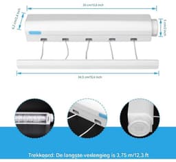 Uittrekbare waslijn - Uittrekbaar droogrek voor wandmontage - Droogrek voor wandmontage - Droogrek voor binnenmontage voor kleding - Droogrek voor wandmontage - 3,75 meter - Droogrek voor binnen en buiten — thumbnail 2
