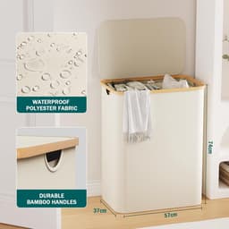 Wasmand met deksel en 3 vakken - beige - bamboe - 160 liter — thumbnail 2