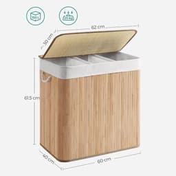 CHIWIN Wasmand met 3 Vakken –Bamboe Grote Wasverzamelaar 150L – Handgeweven Wasmand met Deksel & Handgrepen – Opbergmand voor Badkamer, Slaapkamer & Wasruimte – 60x40x61,5cm — thumbnail 2