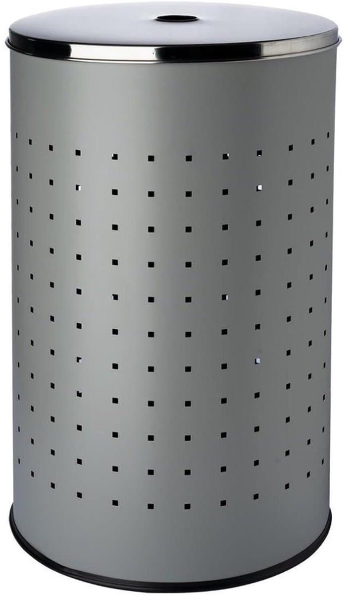Grijze Rvs Wasmand met Deksel en Ventilatiegaten - 54 Liter — afbeelding 1