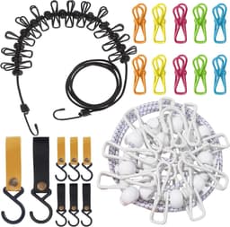 2 Stuks Draagbare Wastlijn met 10 Extra Clips + 8 Leren Haken Set, Reiswastlijn met 12 Klemmen & 13 Bevestigingsbogen, Camping Wastlijn voor Kamperen, Tuin, Balkon, Camper (Zwart/Wit) — thumbnail 1
