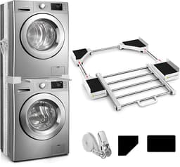 Universele Wasmachine Droger Stapelset - Verbindingsset voor Wasmachine en Wasdroger - Ruimtebesparende Stapelkit met Spanband en Antislip Pads - Geschikt voor Apparaten van 46 tot 66 cm Breed en Diep - Wit — thumbnail 1