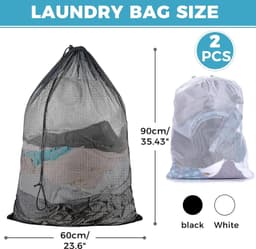 Wasnetzakken - Wit/Zwart - 60 x 90 cm - Polyester Met Trekkoord - Voor Vuile Kleding en Beddengoed — thumbnail 5