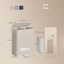 Wasmand 56 x 47 x 75 cm Beige Inhoud van 160 liter Ontwerp met twee gescheiden vakken Met 2 afneembare binnenzakken deksel en handvat Waterafstotend en gemakkelijk te reinigen Opvouwbaar op te bergen Geschikt voor slaapkamer badkamer en wasruimte — thumbnail 2