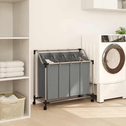 Wasmand met wieltjes, 4 vakken, grijs, afneembare waszakken, stalen frame met kunststof coating, zwenkwielen met remmen, verhoogd ontwerp voor luchtcirculatie, — thumbnail 5