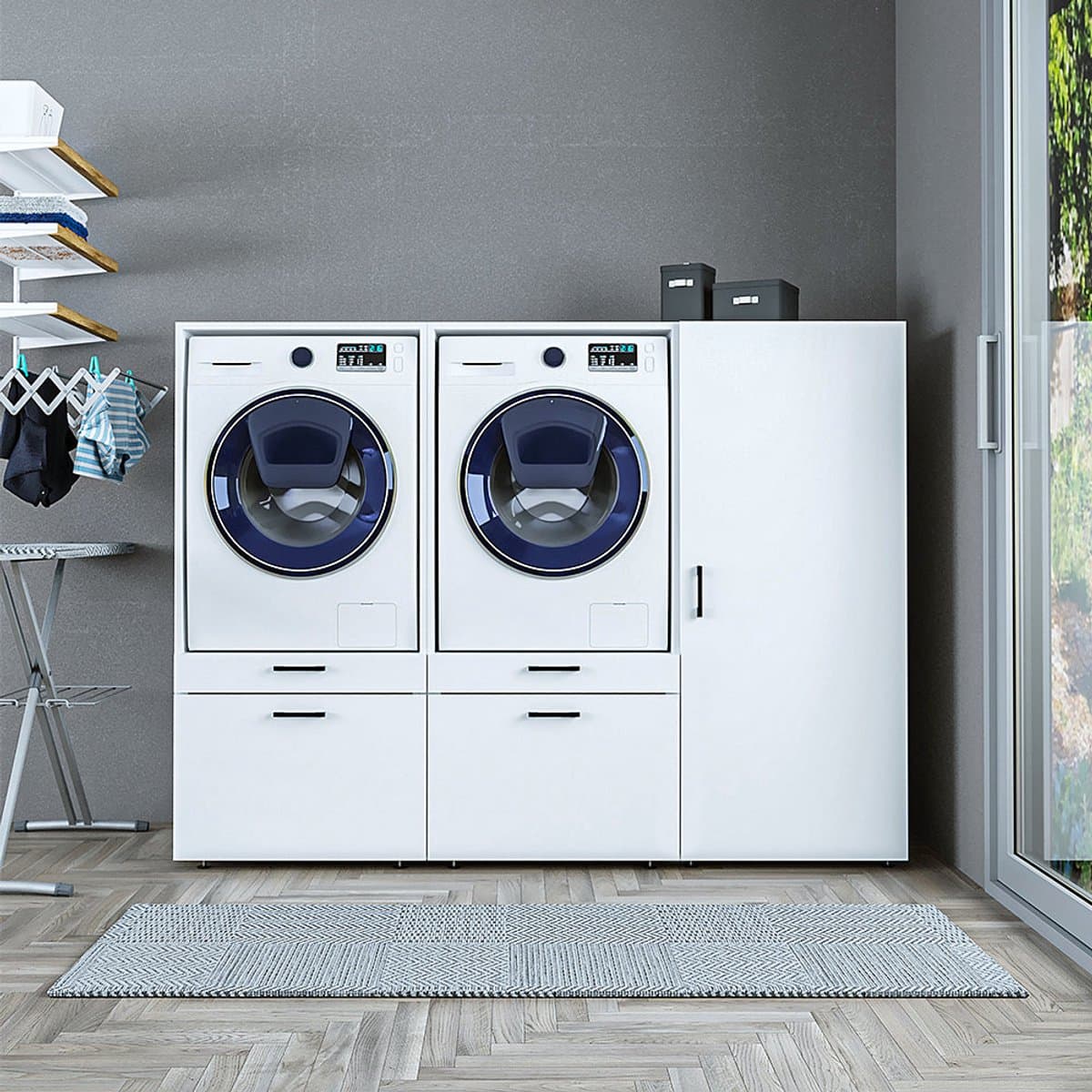 Roomart SERIE 2 Wasmachine Ombouwkast 194x145 cm - met 2 Uittrekbladen - Wit — afbeelding 1
