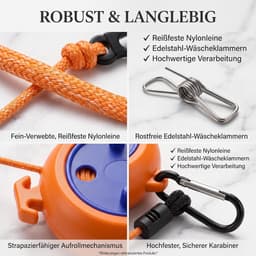 Waslijn, 10 m, uittrekbaar, reiswaslijn met 20 roestvrijstalen wasknijpers en 10 stoppers, winddicht, outdoor waslijn voor camping, camper, caravan, balkon en vakantie, oranje — thumbnail 2