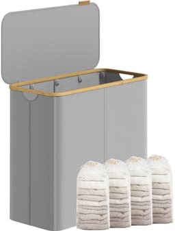 Klarven® Wasmand met Deksel - Opvouwbare Wasmand - Wasmand met 4 Vakken - Laundry Basket - Afneembare Zakken, Draagbare Handvatten - Grijs - 38,5x70,5x78 cm — thumbnail 2