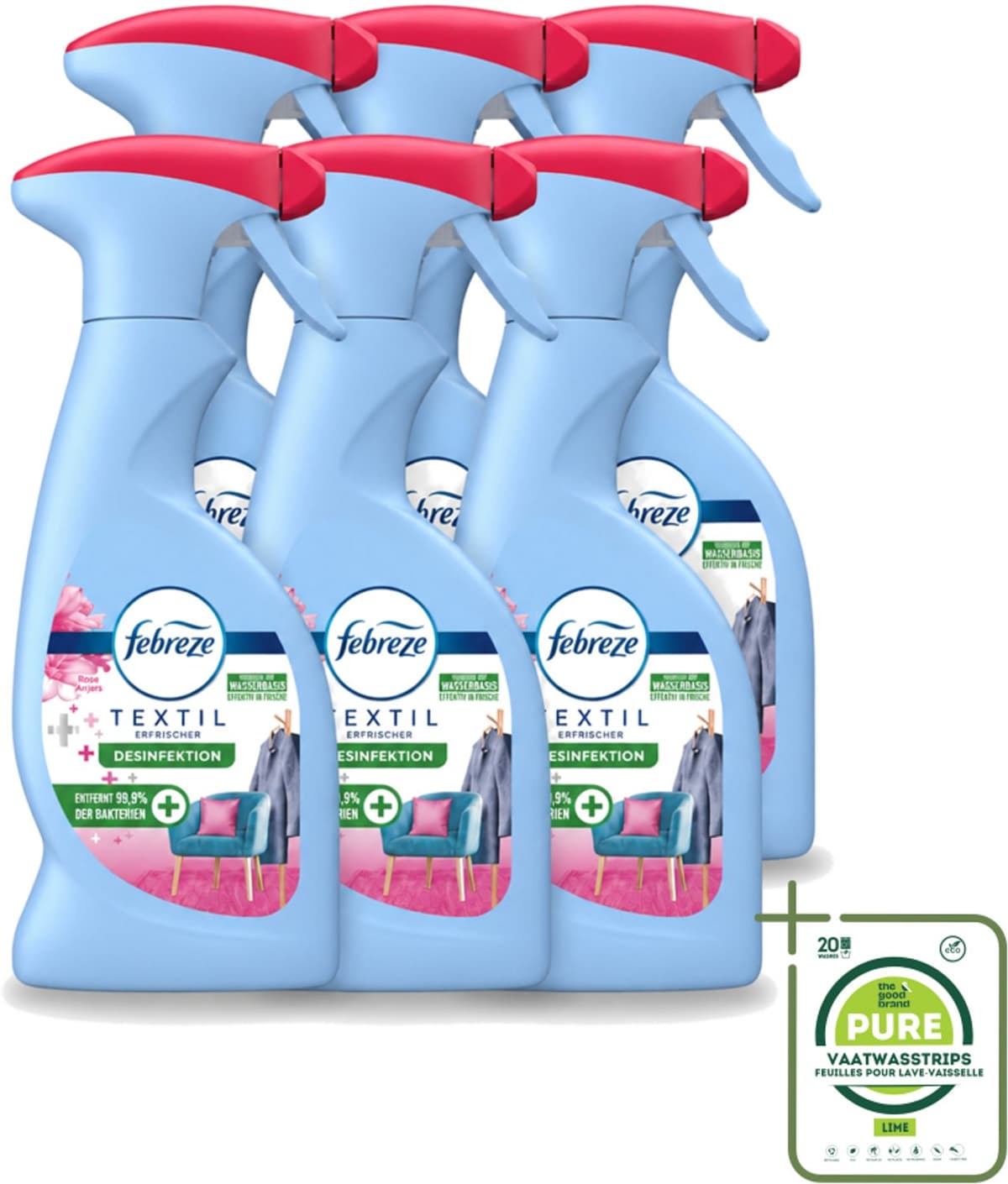 6 x Febreze – Textielspray – Roze Anjers – 375 ml - Grootverpakking - Vaatwasstrips - Textielgeur - Textielverzorging - Geurverwijdering - Textielspray - Roze Anjers — afbeelding 1