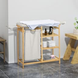 Wasmand, bamboe, wasmand voor vuile was, opbergrek en badkamerrek, met strijkplank, eenvoudig ontwerp, eenvoudig te reinigen, praktisch en decoratief, geschikt voor badkamer, balkon en wasruimte, 113×34×82 cm, houtkleur en grijs — thumbnail 3