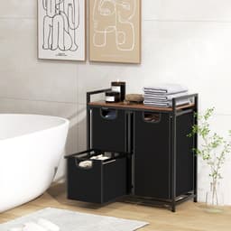 COSTWAY Wasmand met 3 vakken, wasmand met plank, 75 liter, wassorteerder met 3 afneembare zakken en metalen frame, uittrekbare wasmand voor waskeuken, badkamer, slaapzaal (3 vakken) — thumbnail 2
