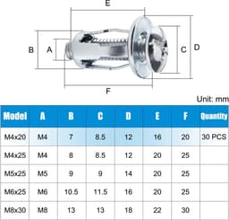 30 Stuks M4x20 mm Bloembladmoeren Expansiemoeren, Jack Nuts Petal Nuts, voor Holle Wanden, Reclameborden, Karton — thumbnail 4