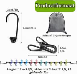 Waslijn, elastische waslijn, camping, waslijn met 12 stuks klemmen voor reizen, vakantie, outdoor, camping, slaapzaal (180-300 cm) — thumbnail 5