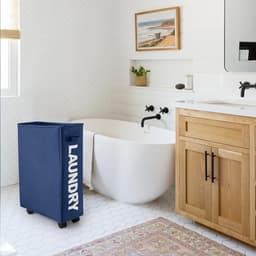 Wasmand 43L Opvouwbare Dunne Wasverzamelaar Met Wieltjes - Oxford Vuile Kleren Opbergmand - Smal, Inklapbaar Met Handvat, Wielen, Netdekking en Trekkoord (Donkerblauw) — thumbnail 5