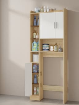 Wasmachinekast met 3 deuren en verstelbare planken - Wit/Natuur - 82 x 24 x 170 cm-wit en natuurhoutkleur. — thumbnail 5