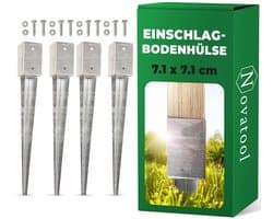 Novatool 4x grondhulsset 71x71x750 mm, grondhuls parasolpaalsteunen schuttingpaal houten paal grondhulzen inslaghuls grondanker grondpen om in te slaan, verzinkt, met schroeven