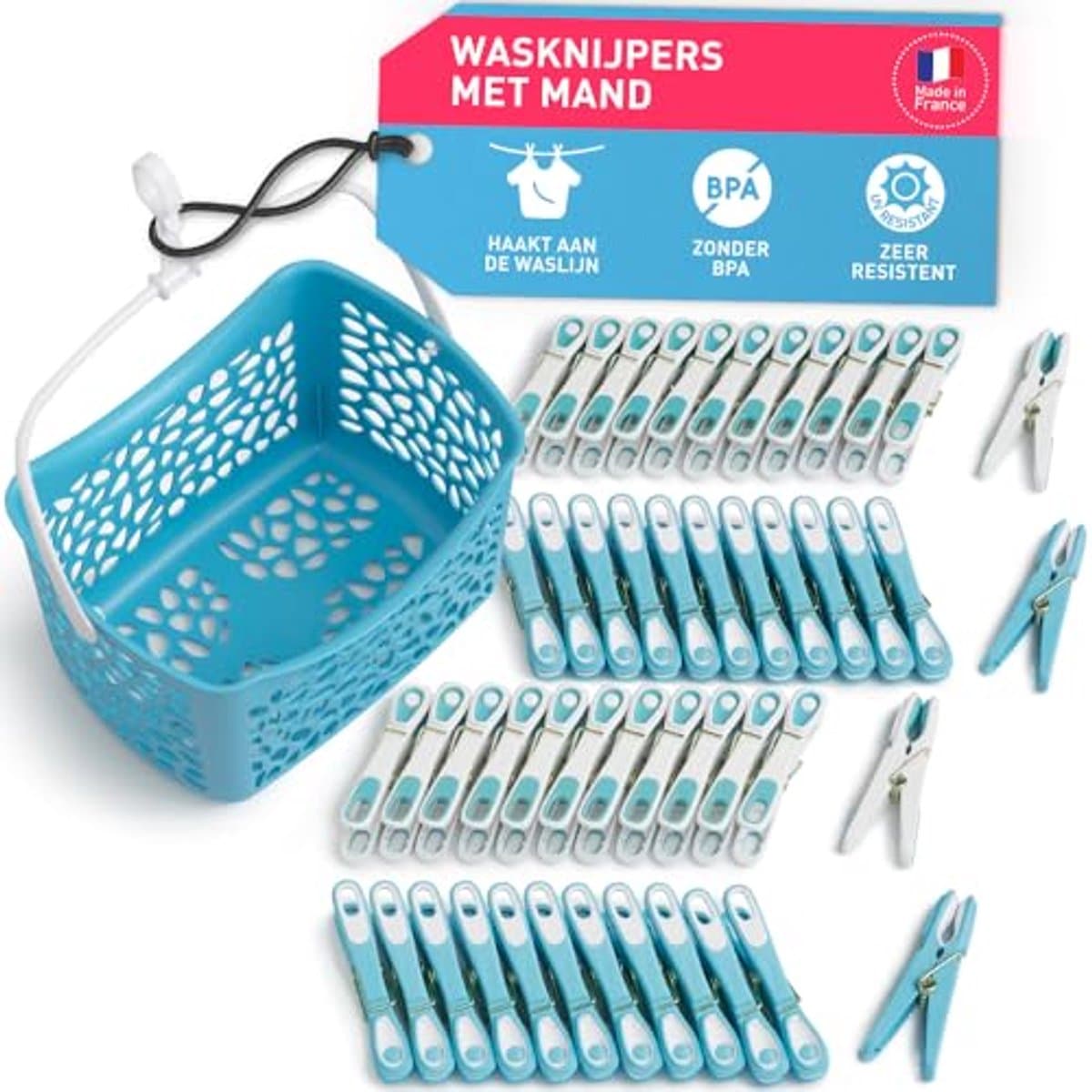 Premium Wasknijpers Set met Mand - 48 Stuks in Blauw-Wit — afbeelding 1