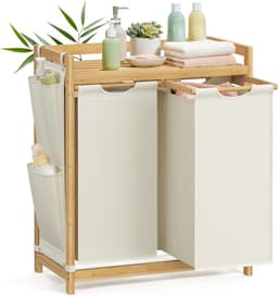 Conway Living® Wasmand 2 vakken – wassorteerder - wasmanden - wasbox - wasmand hout - wasmand - wasmanden bruin - 100 liter - 2 zakken - uitschuifbaar met plank - 63 x 33 x 78 cm — thumbnail 1