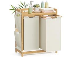 Conway Living® Wasmand 2 vakken – wassorteerder - wasmanden - wasbox - wasmand hout - wasmand - wasmanden bruin - 100 liter - 2 zakken - uitschuifbaar met plank - 63 x 33 x 78 cm — afbeelding 1