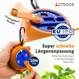 Uitschuifbare waslijn 10 m - Handzwengel met 50 kg draagkracht - Nylon drooglijn voor camping en balkon — thumbnail 5