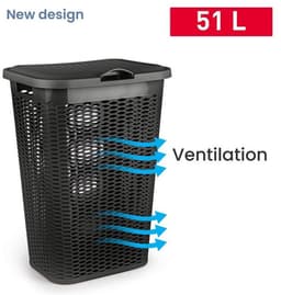 Plasticforte Wasmand Ventilation - met deksel - zwart - kunststof - 51 liter - 43 x 35 x 61 cm - Badkamer - Wasgoed - Nieuw design - Zeer stevig — thumbnail 3