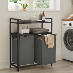 Wasmand, wasbak, wasverdelersysteem met 2 uittrekbare en afneembare zakken en dubbele opbergrek, elke zak met een capaciteit van 46 liter, geschikt voor badkamer of wasruimte, 73 x 33 x 91 cm, zwart — thumbnail 4