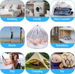 Waszak - 3 Stuks - Grote waszak - Waszakken groot - Polyester - Met trekkoord - Express cleaning - Duurzame wasmandvoering - Voor studentenhuizen, wasserettes en appartementen - 40x50cm - Wit — thumbnail 3