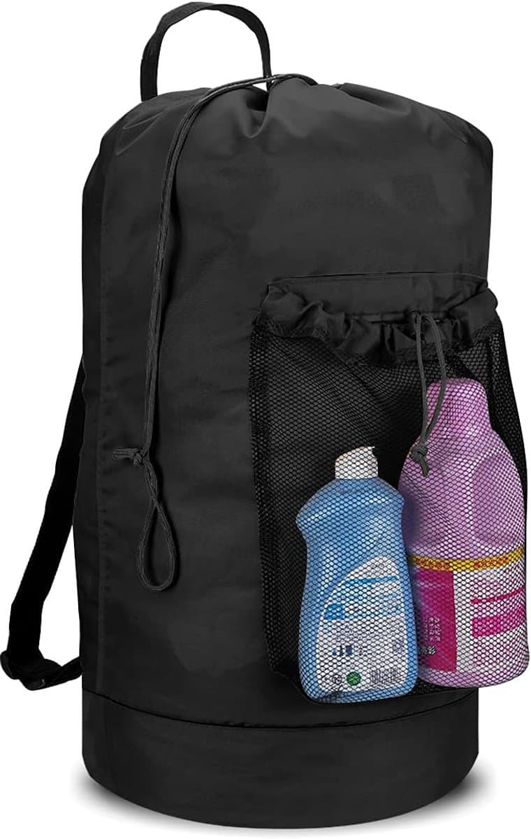Rugzak waszak, wasrugzak met schouderbanden en netvakken, reistas voor buitensporten, duurzame nylon wasmand met trekkoordsluiting, waterdichte opbergtas voor universiteit, reizen, wasserette, appartement, zwart — afbeelding 1