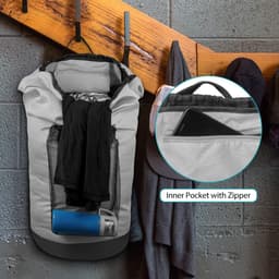 Rugzak waszak, wasrugzak met schouderbanden en netvakken, reistas voor buitensporten, duurzame nylon wasmand met trekkoordsluiting, waterdichte opbergtas voor universiteit, reizen, wasserette, appartement, grijs — thumbnail 2