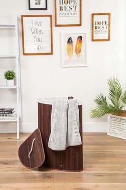 Grote Hoek Bamboe Wasmand met deksel - 100 L - Wasmand 1 Vak met stoffen waszak - Opvouwbaar - Wassorteerder Rond — thumbnail 3