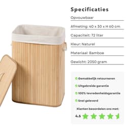 Bamboe Wasmand - Opvouwbaar Met Deksel - 72L - Naturel - Duurzaam Design - Wassorteerder met Waszak - Inclusief EBOOK — thumbnail 2