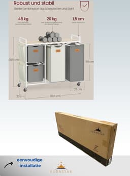 FurnStar Wasmand 4 Vakken – Wasverzamelaar 150L – Wassorteerder met Rollen en Plank – Waszakken met Kleine Zijzakken – 6 Etiketten – 98,6 x 33 x 80,5 cm – Natuurbeige - Duifgrijs-CrèmewitNatuurbeige - Duifgrijs-Crèmewit — thumbnail 2