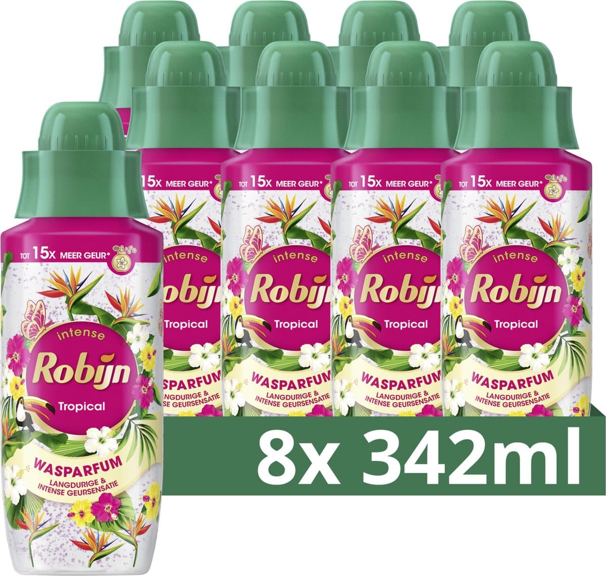 Robijn - Wasparfum - Tropical - tot 15x meer geur dan bij gebruik van alleen wasmiddel - 8 flessen x 342 ml — afbeelding 1
