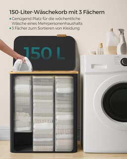 FurnStar - Wasmand met deksel - Wasverzamelaar met 3 vakken - 150 Lt - Uitneembare waszak - Oxford-weefsel - Handgrepen van bamboe - Inklapbaar - 60 x 38,5 x 70,5 cm - inktzwart — thumbnail 4