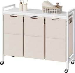 Wasmand 3 vakken, wasverzamelaar met plank, wasmand met wieltjes, 3 x 39,8 l, waszak van Oxford-weefsel, wit — thumbnail 5