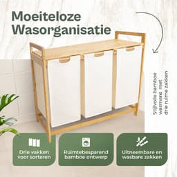 WHOUSE Wasmand 3 vakken - Deksel - Wassorteerder Bamboe 126L - Wasmanden - Wit — thumbnail 3