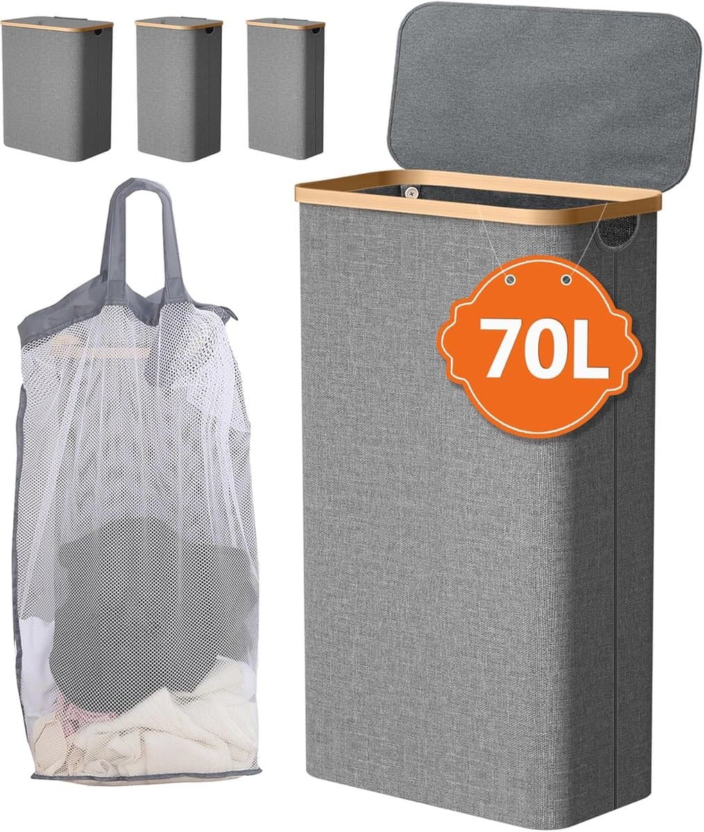 Wasmand met deksel - 70 Liter | Smalle Opvouwbare Wasbox met Bamboe Handvat | Ideaal voor Badkamer en Bijkeuken — afbeelding 1
