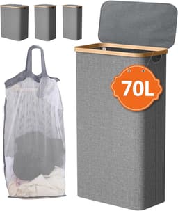 Wasmand met deksel - 70 Liter | Smalle Opvouwbare Wasbox met Bamboe Handvat | Ideaal voor Badkamer en Bijkeuken — thumbnail 1