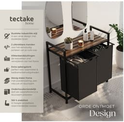 tectake® Wassorteerder - Wasmand met 2 vakken en deksel - Industriële stijl - Uittrekbare vakken - In hoogte verstelbare kunststof voetjes - Wasbox - Waskorf - 34x74x72cm — thumbnail 2