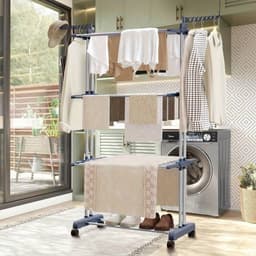 3-Laags Wasdroogrek met Verstelbare Stangen en Wielen – Opvouwbaar Droogrek met Hangers – Geschikt voor Binnen & Buiten — thumbnail 2