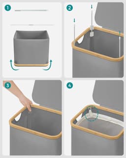 SONGMICS - Wasmand met deksel - 90L wasmand - Oxfordstof en bamboe handgrepen - opvouwbaar - 42 x 32 x 70,5 cm - grijs — thumbnail 3