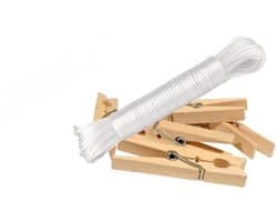 Set waslijn met een haak + 50 wasknijpers - Drooglijn - Waslijndraad - Wit - 20 m